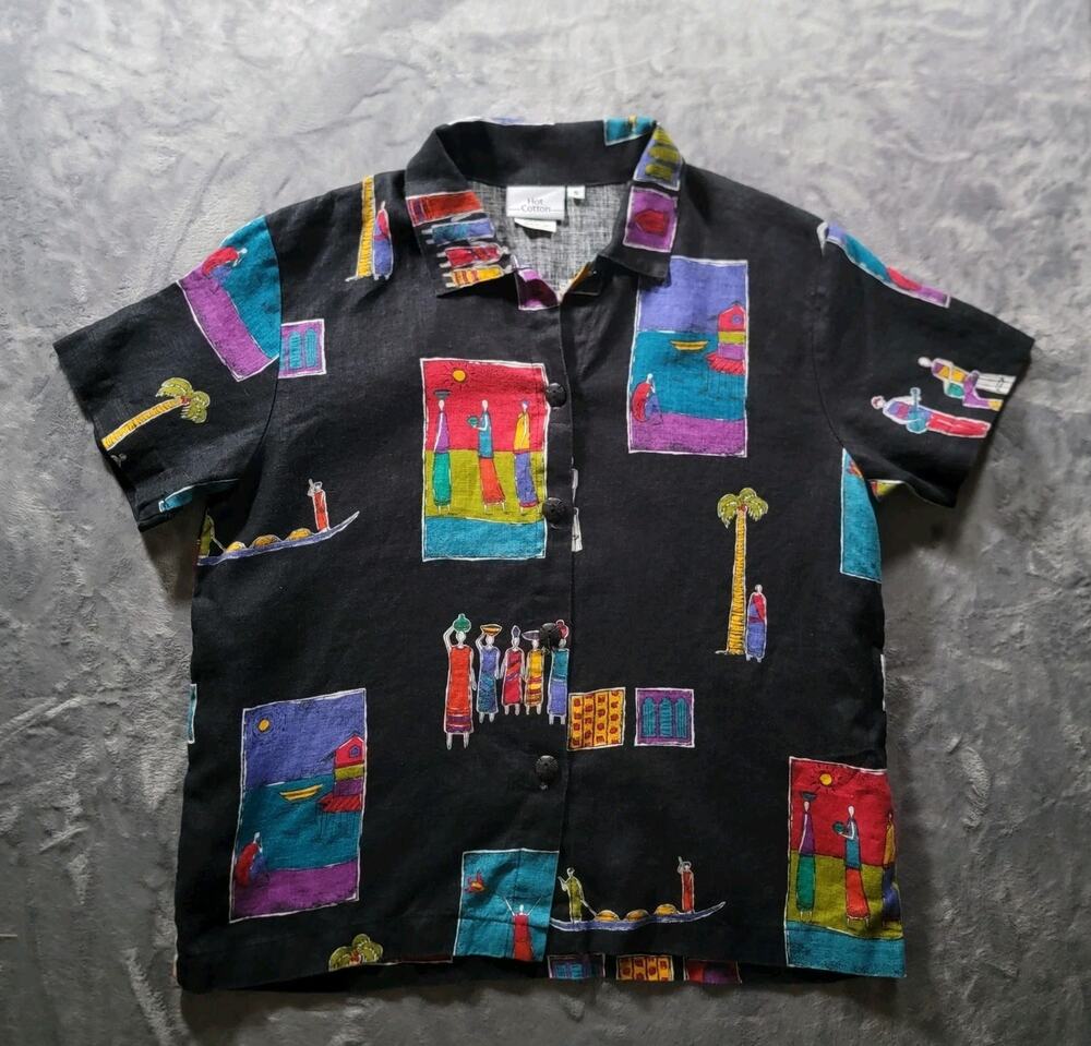 Vtg Hot Cotton By Marc Ware S Linen Short Sleeve Button Up Boxy Shirt